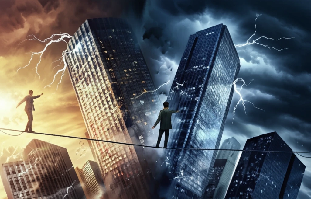 A person walking a tightrope between bright and dark buildings, symbolizing the balance between optimism and realism.