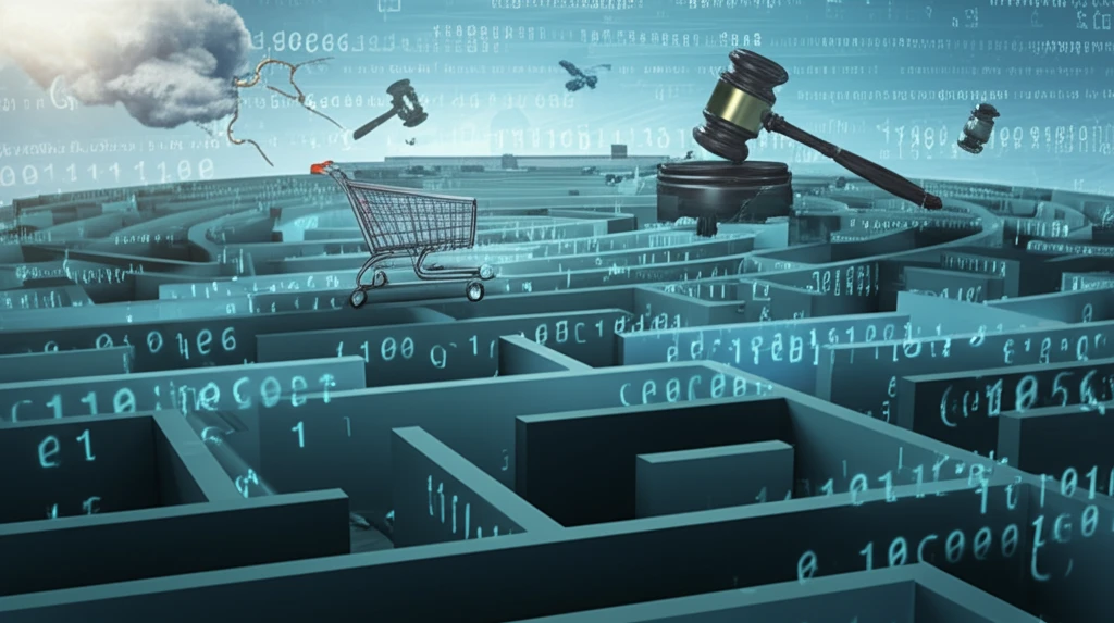 Shopping cart navigating a maze of data streams and auction hammers.