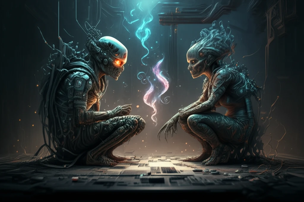 Abstract illustration of AI algorithms strategizing in a complex game.