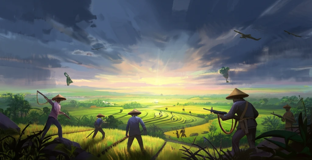Rice paddies at sunset with figures representing conflict, Southeast Asia