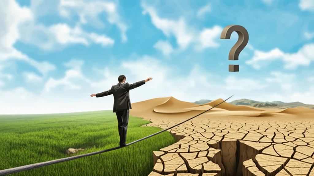 Tightrope walker between green and desert landscapes, symbolizing economic and environmental balance.