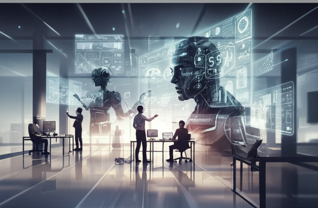 A diverse team of workers collaborates with AI interfaces in a bright, modern office.