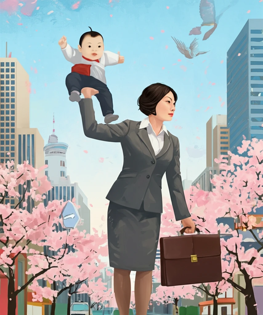 A Japanese woman balances motherhood and career in a symbolic cityscape illustration.