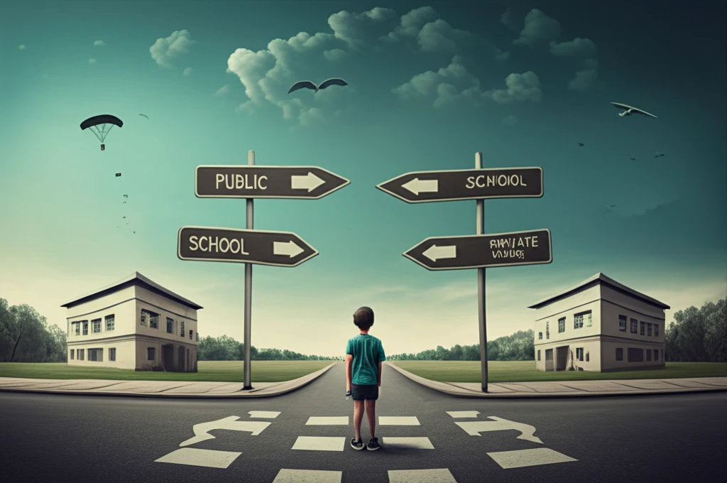 A child at a crossroads symbolizing school choice.