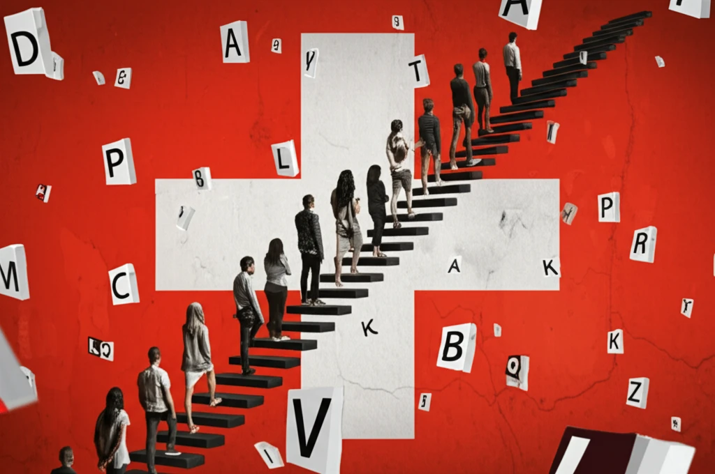 Diverse immigrants ascend towards Swiss citizenship, guided by personalized letters.