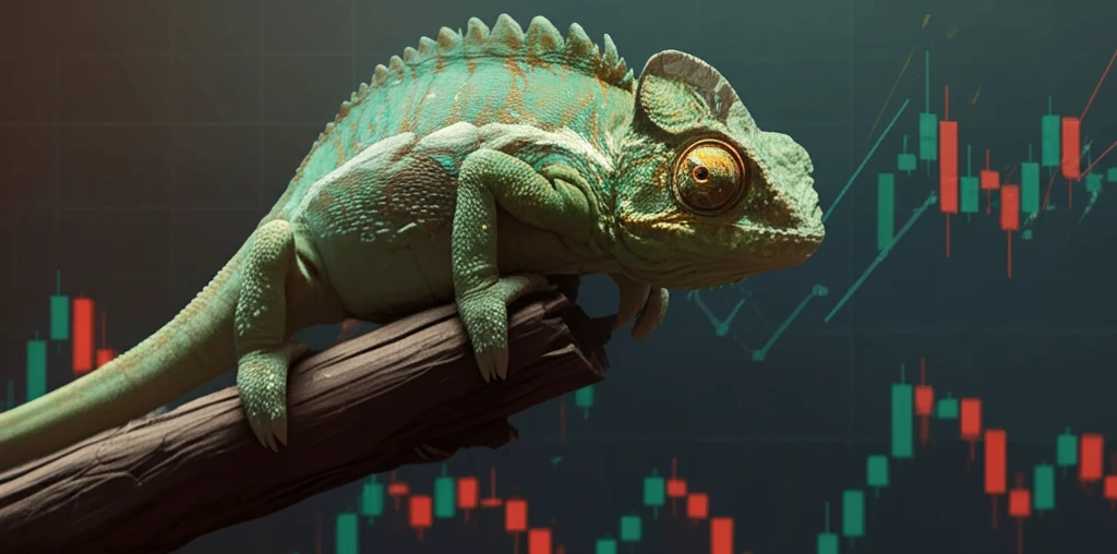 Adaptable chameleon blending into stock market graph.