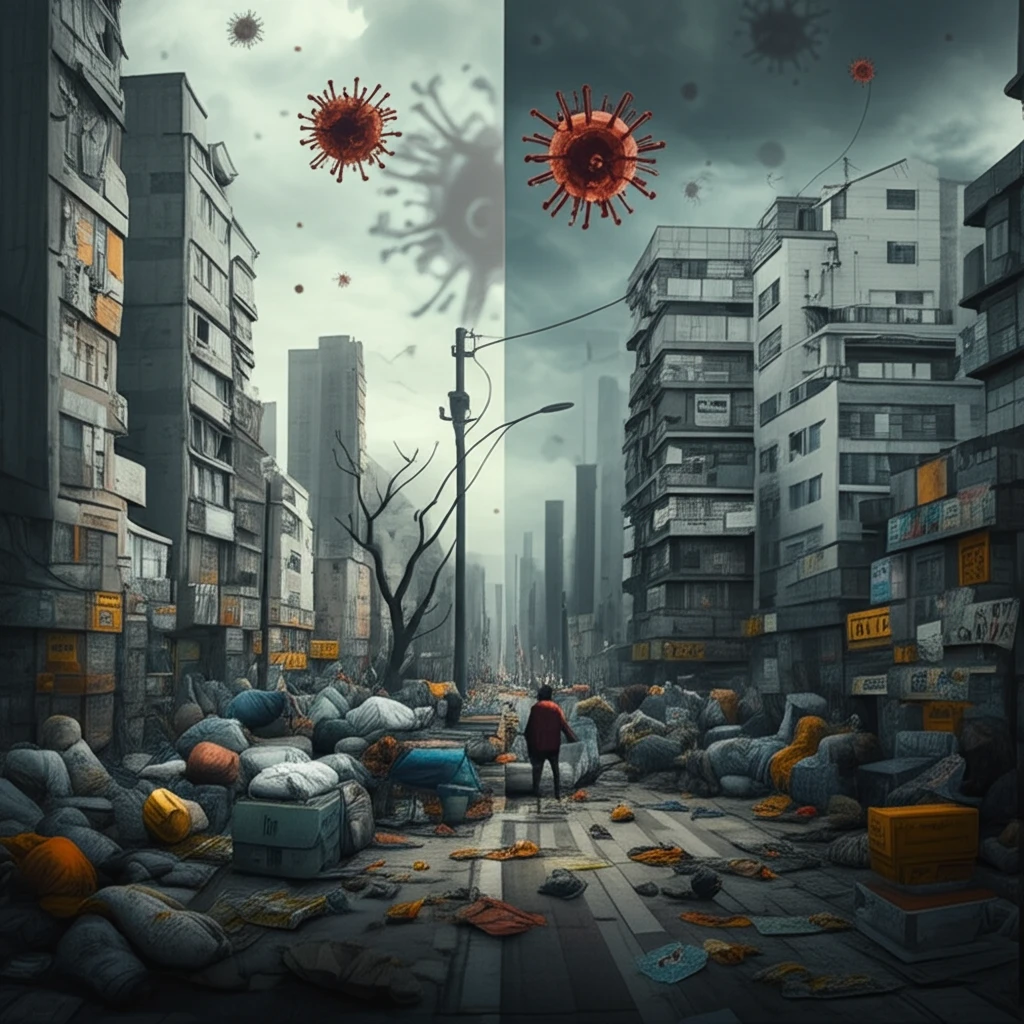 Visual representation of socioeconomic inequality during COVID-19, depicting disparities in living conditions and access to resources.