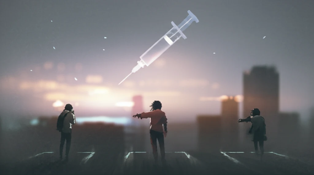 Surreal illustration symbolizing social distancing during a pandemic with a vaccine in the distant sky.