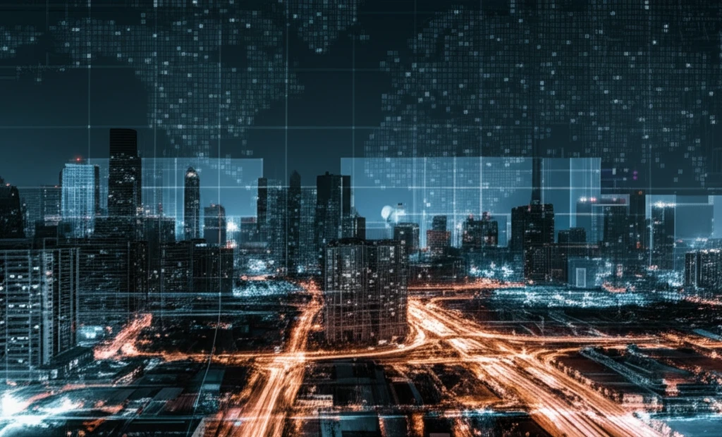 Topological map overlaying a cityscape illustrating economic activity.