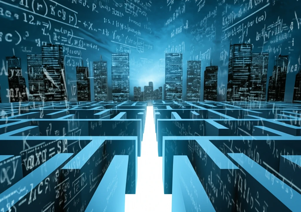 A maze of econometric equations leads to a clear destination, symbolizing bias reduction in economic modeling.