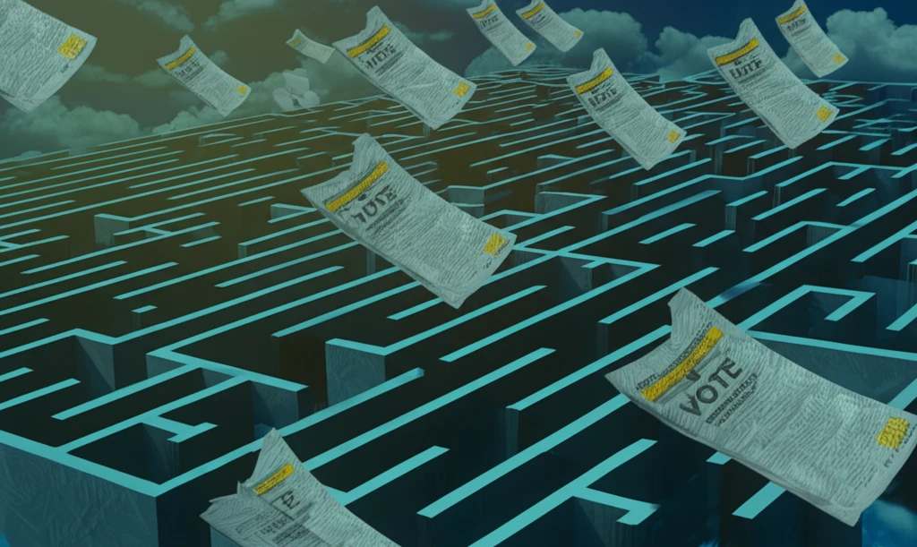 Maze of ballots representing ranked choice voting paradoxes.