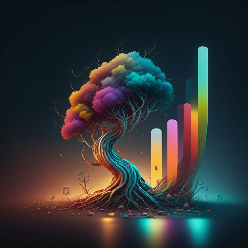 Data point transforming into a tree symbolizing the efficiency gains from data analysis techniques.