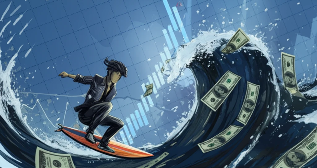 Surreal image of a person surfing on a wave of money, symbolizing financial agility in managing income.