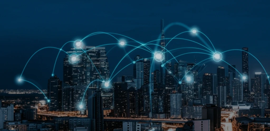 Neural network over cityscape representing AI in economic forecasting.