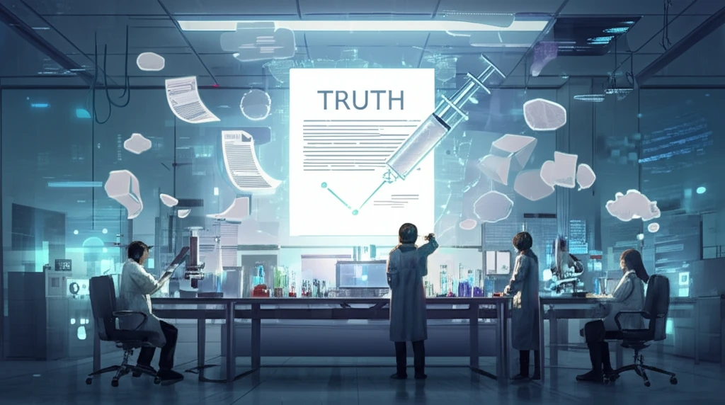 Surreal image of scientists injecting truth serum into research papers, symbolizing improved peer review.