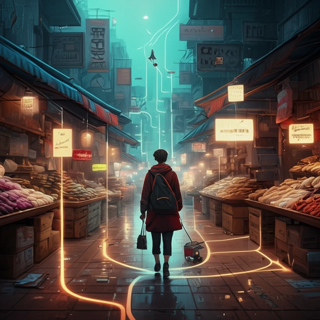Glowing paths leading to different products, symbolizing consumer choices.