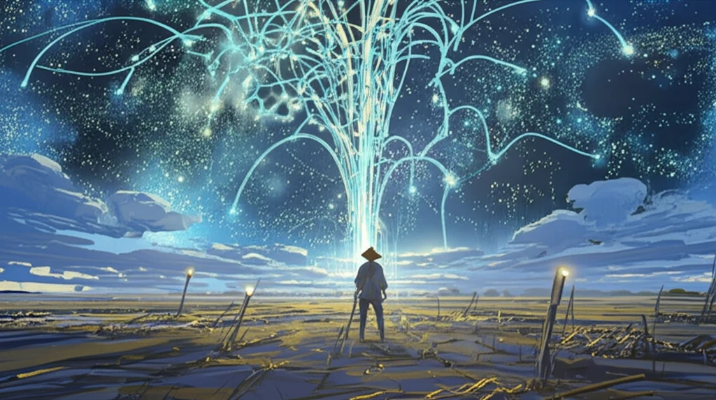 Illustration of a farmer amidst interconnected lines symbolizing endogeneity, converging towards a point of efficiency.