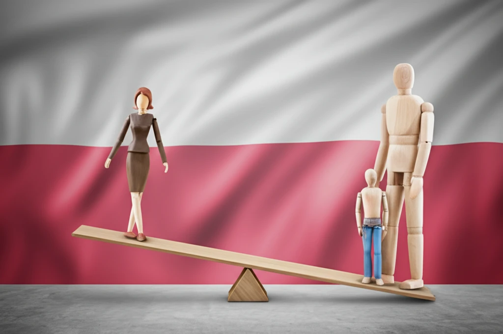 A symbolic seesaw representing the balance between work and family in Poland, illustrating the gender pay gap issue.
