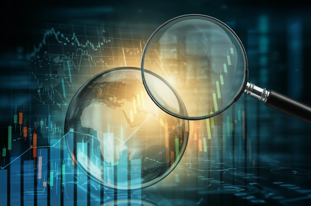 Crystal ball showing stock charts, representing economic forecasting.