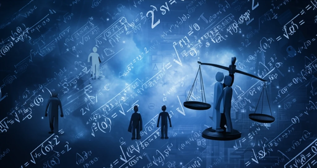 Scales of justice balancing equations and diverse human silhouettes.