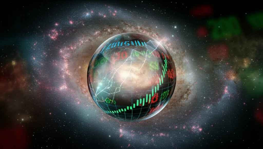 Crystal ball reflecting stock market charts.