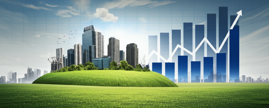 Cityscape growing from fertile fields, symbolizing land value and economic growth.