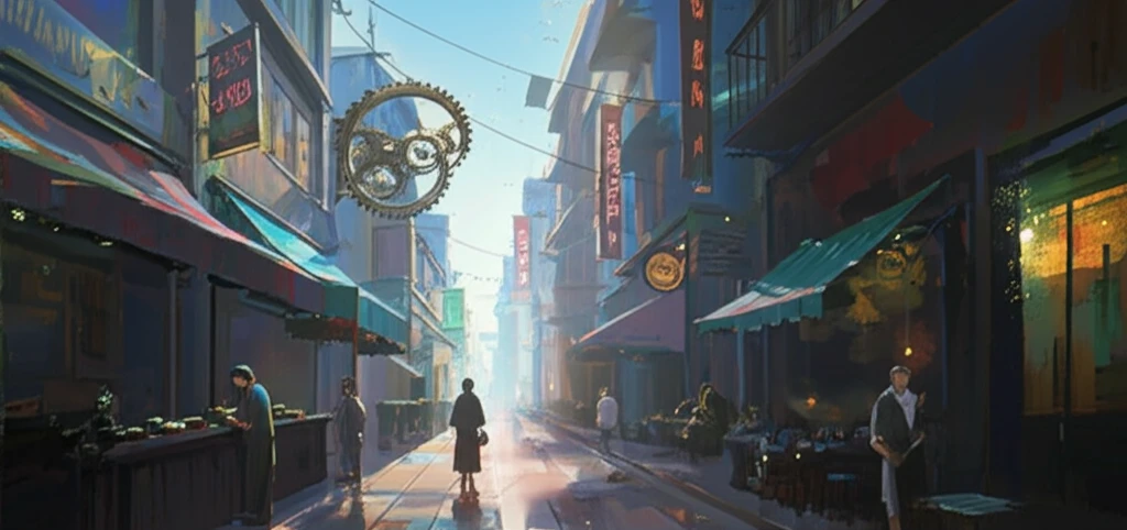 Surreal illustration of a bustling marketplace with clockwork mechanisms representing asynchronous market dynamics.