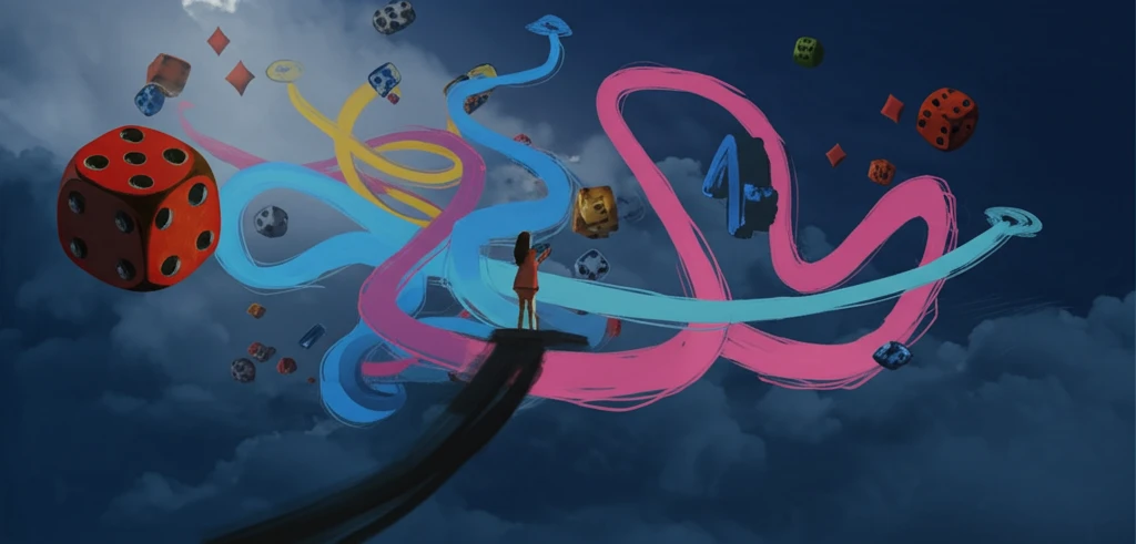 A person stands at a crossroads of swirling, gamble-themed paths, symbolizing the uncertainty of decision-making.
