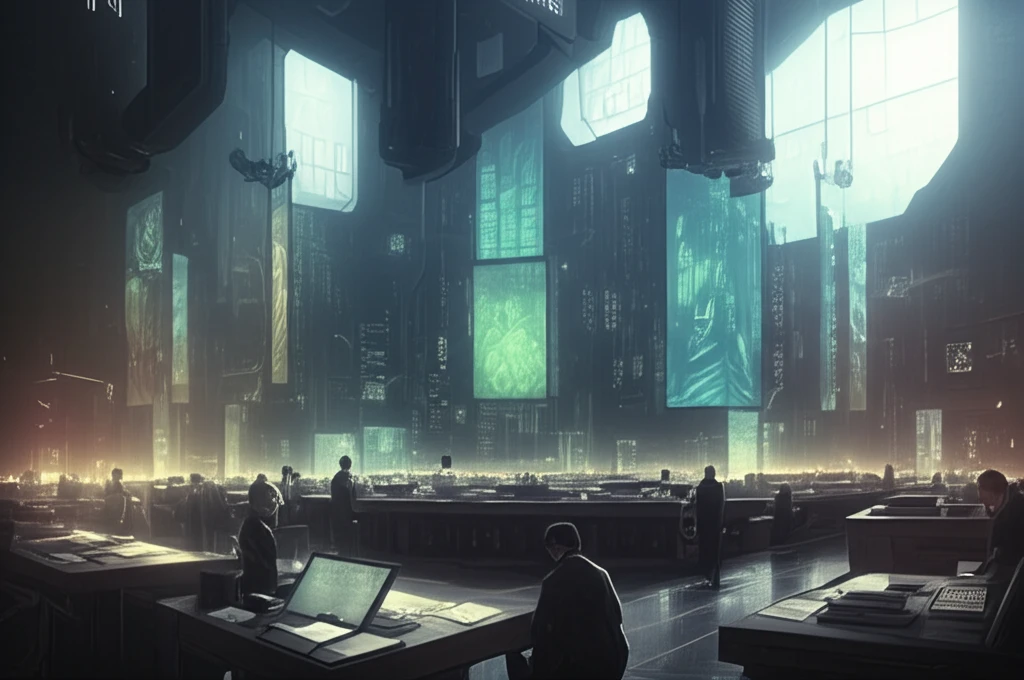 Futuristic ad auction house with data streams being bid on.