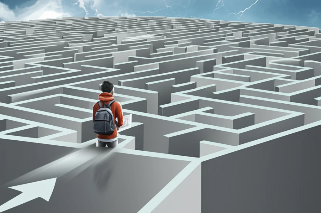 A student navigating a maze of college applications, symbolizing strategic choices in college admissions.