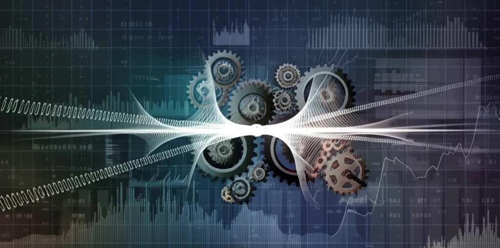 Complex economic model visualized with interconnected gears and splines.