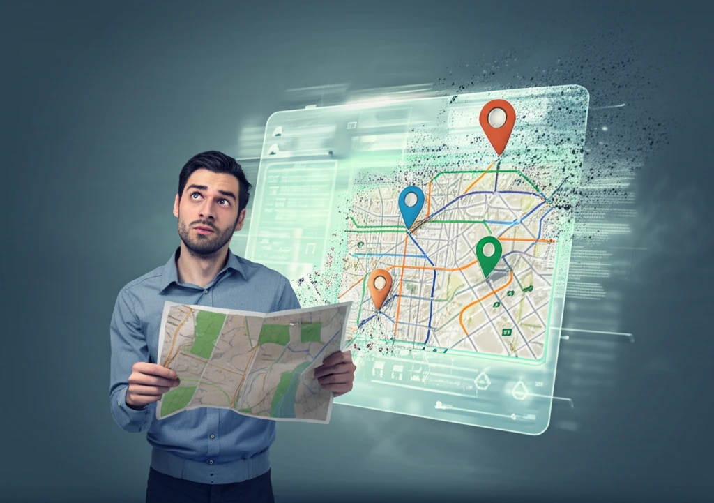 Digital illustration showing transition from paper map dissolving into a digital screen showcasing real-time public transit data.