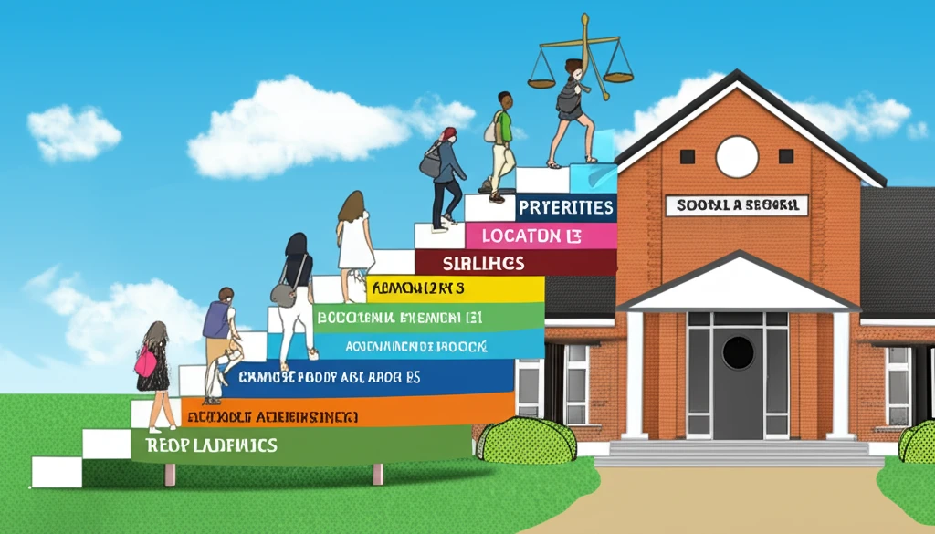 Diverse students climbing steps labeled with school priorities, leading to a school under a balanced scale sky.