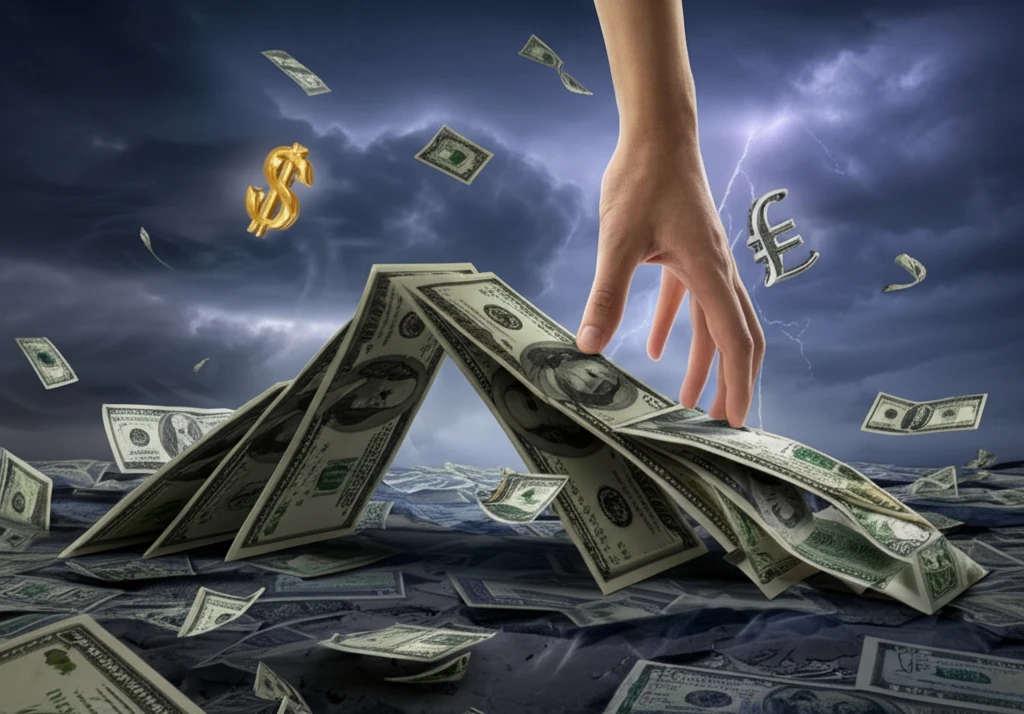 House of cards collapsing representing the SVB bank failure and financial turmoil.