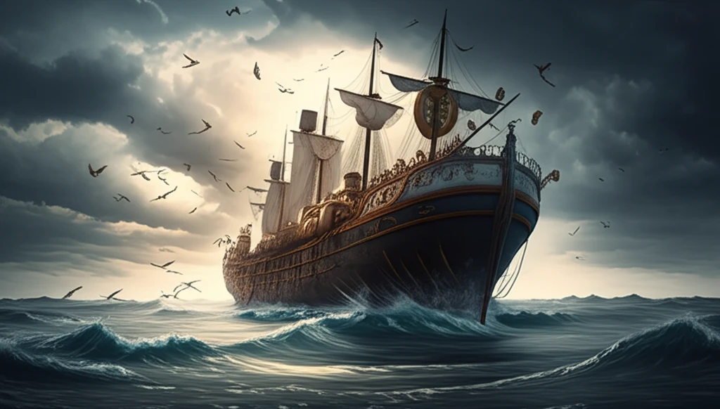 Overloaded ship sinking with instruments in a stormy sea.