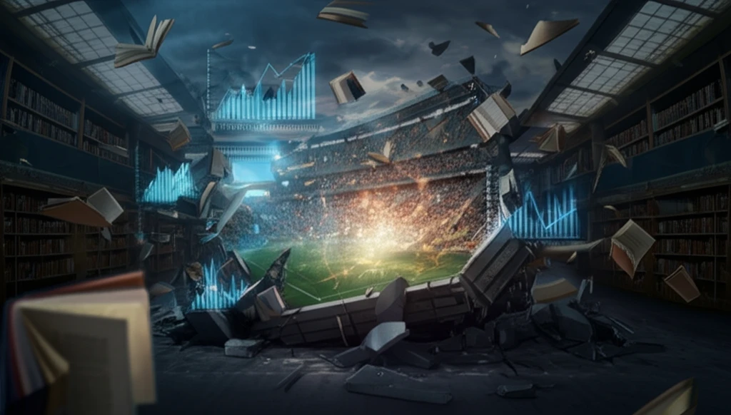 Surreal illustration of a soccer stadium transforming into a library, symbolizing the fusion of sports analytics and bibliometric indices.