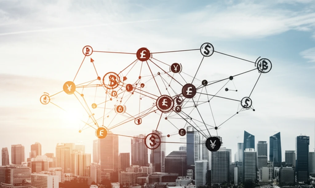 Interconnected nodes with currency symbols, representing a simplified exchange mechanism.