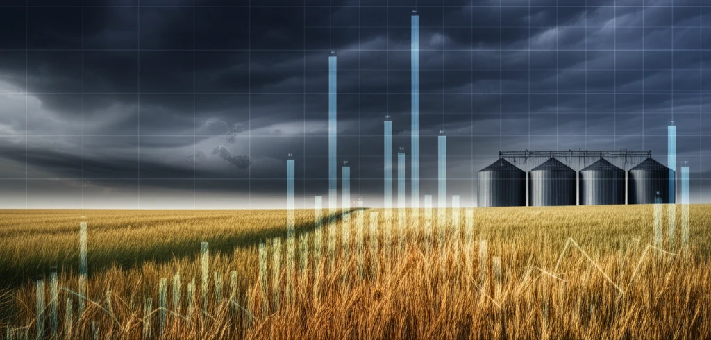 Wheat field under a stormy sky with silos, representing crop market volatility.