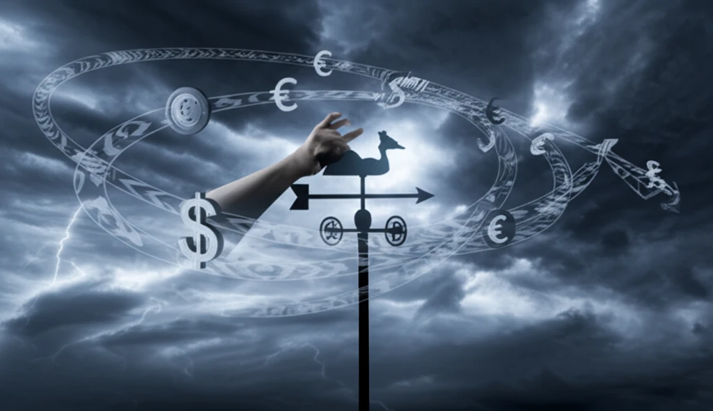 Chaotic weather vane in an economic storm, symbolizing unpredictable forecasts.