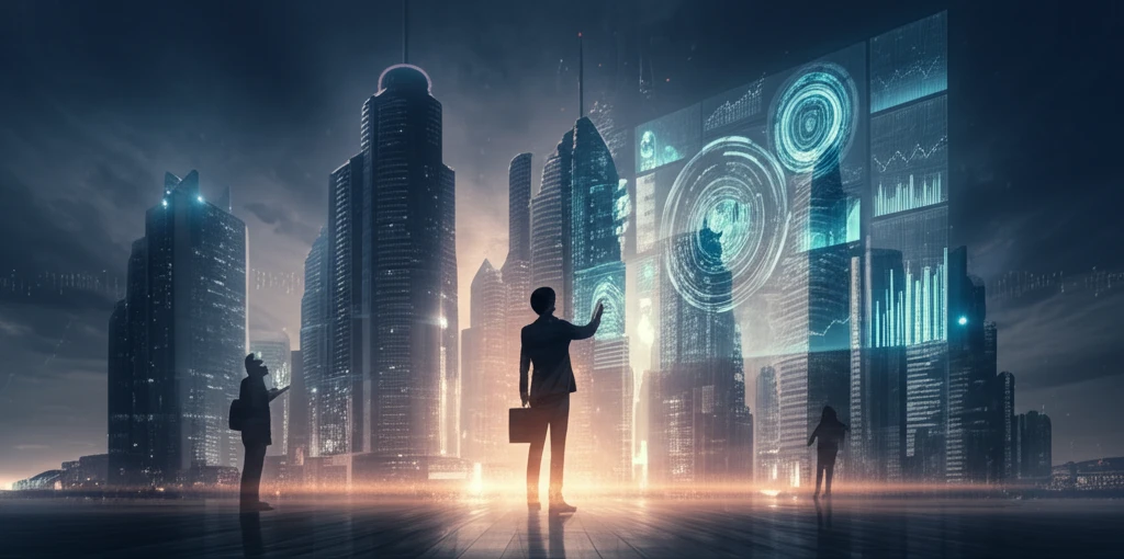 Futuristic cityscape with AI providing personalized financial advice.