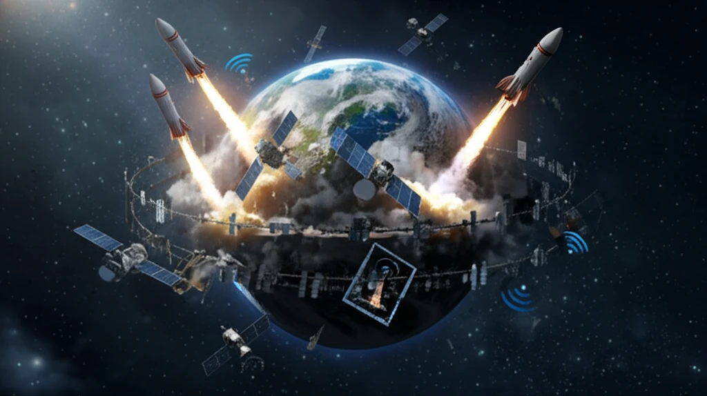 Satellite network encircling Earth with carbon emissions, juxtaposed with connected remote communities.