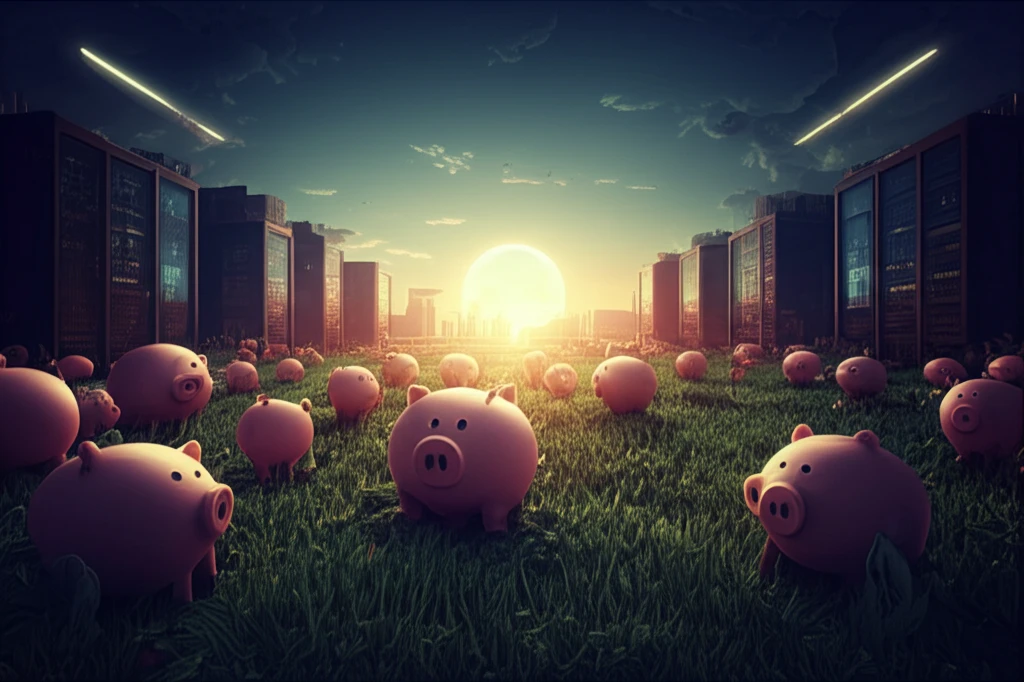 Piggy banks transforming into data centers, symbolizing the shift from saving to innovation.