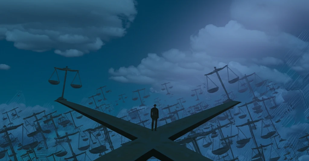 Surreal illustration of crossroads with distorted probability scales and utility curves, symbolizing decision-making.