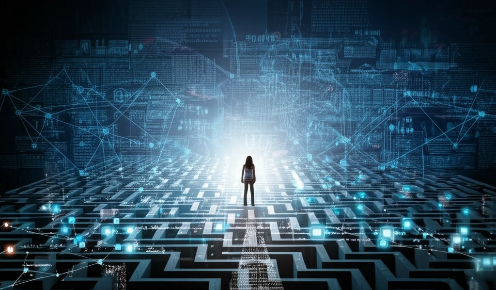 A person navigates a data maze towards a light.