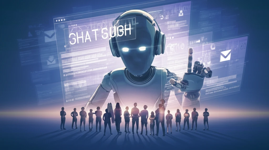 A surreal illustration depicting AI bias in job hiring, with diverse applicants facing a biased ChatGPT interface.