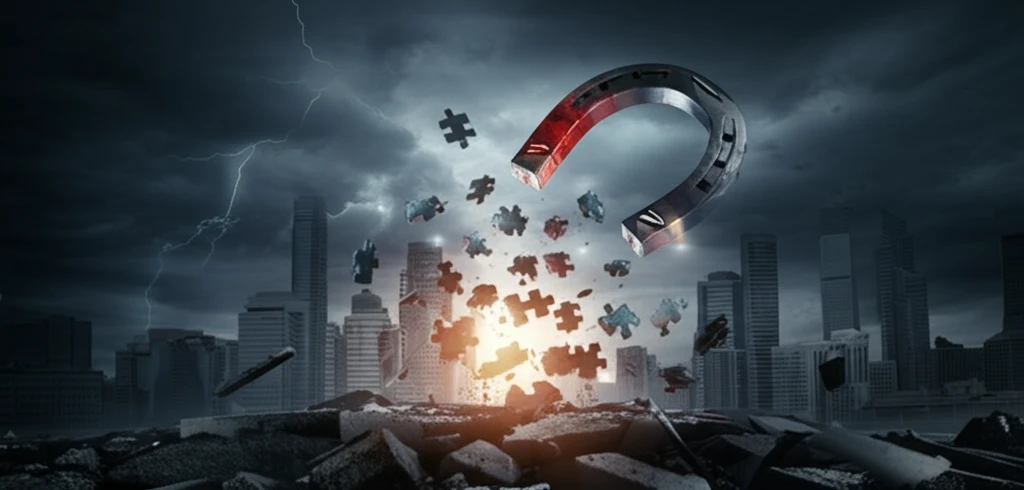 Horseshoe magnet attracting economic data puzzle pieces.