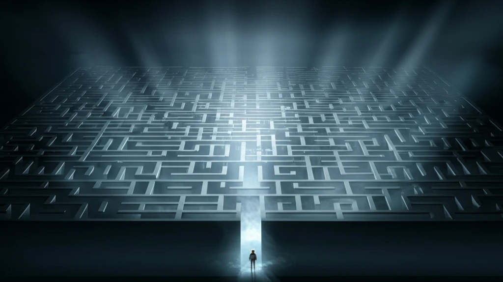 Maze of data with light beams symbolizing insights.