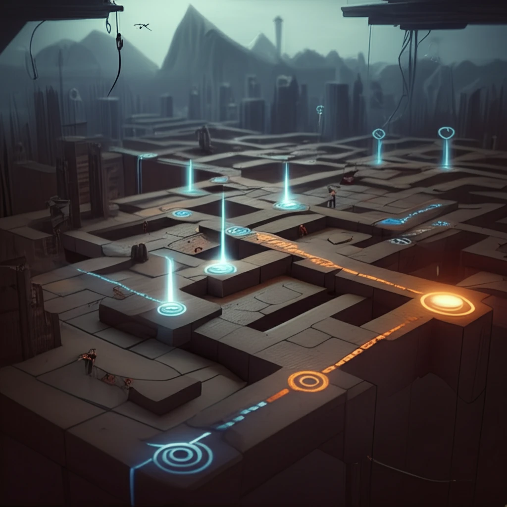 A complex game board with figures navigating pathways to glowing destinations.