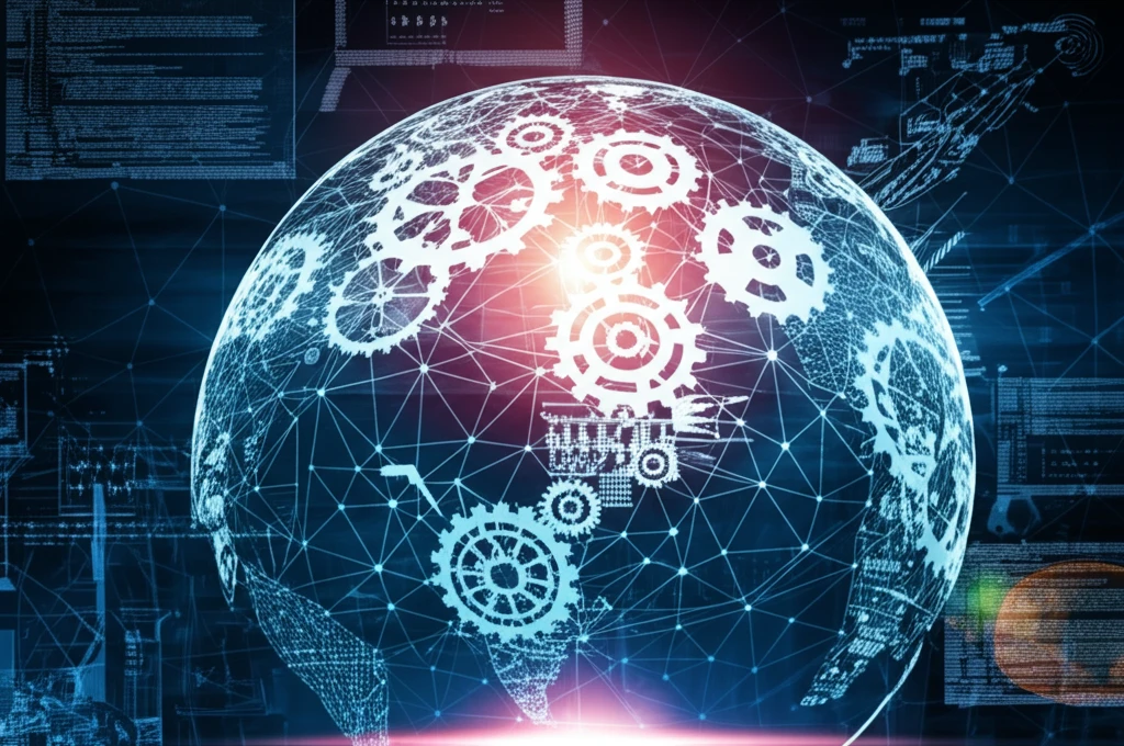 Surreal illustration of interconnected gears forming a global supply chain network