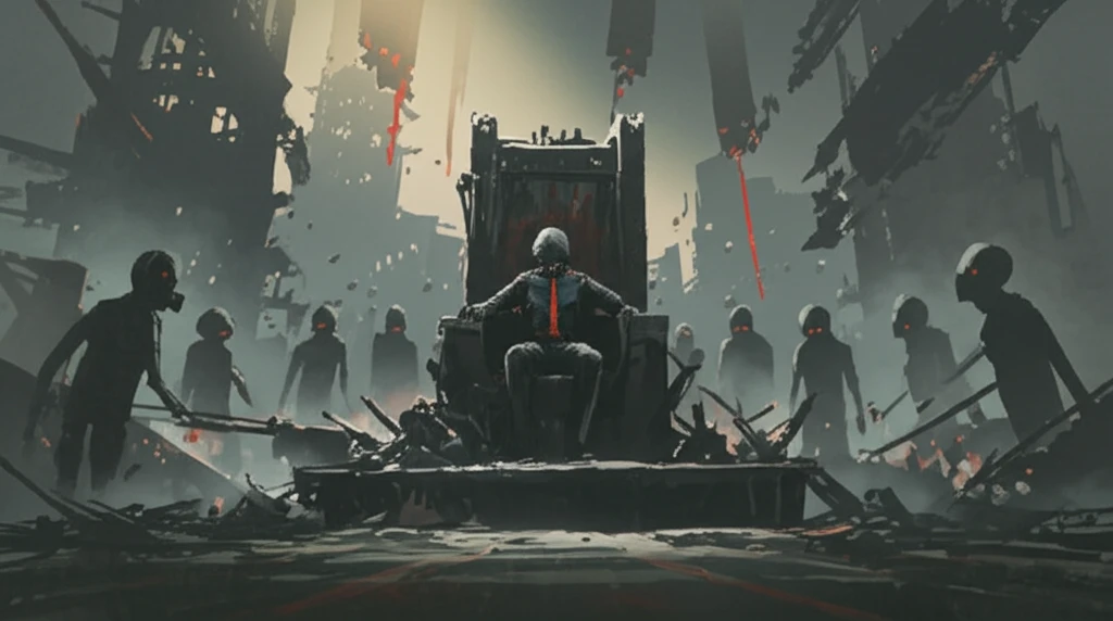 A dictator on a crumbling throne, symbolizing the fall of autocratic control.
